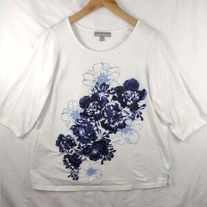 Woman Within White Blue Floral Graphic 3/4 Sleeve Shirt Cotton Plus Size 14 / 16
